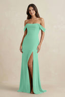 Off - the - Shoulder Sheath Bridesmaid Dress with Slit in Turquoise - KissProm Bridesmaid Dresses