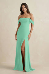 Off - the - Shoulder Sheath Bridesmaid Dress with Slit in Turquoise - KissProm Bridesmaid Dresses