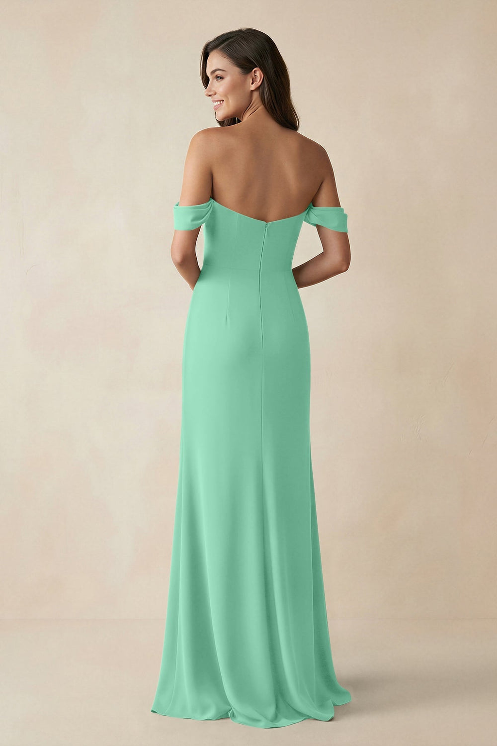 Off - the - Shoulder Sheath Bridesmaid Dress with Slit in Turquoise - KissProm Bridesmaid Dresses