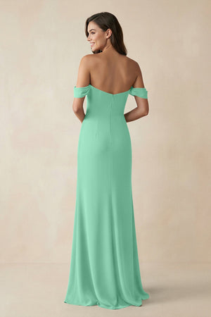 Off - the - Shoulder Sheath Bridesmaid Dress with Slit in Turquoise - KissProm Bridesmaid Dresses