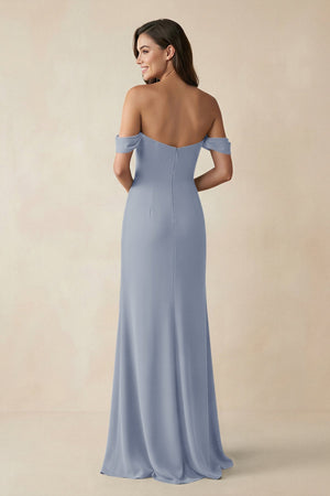 Off - the - Shoulder Sheath Bridesmaid Dress with Slit in Twilight - KissProm Bridesmaid Dresses