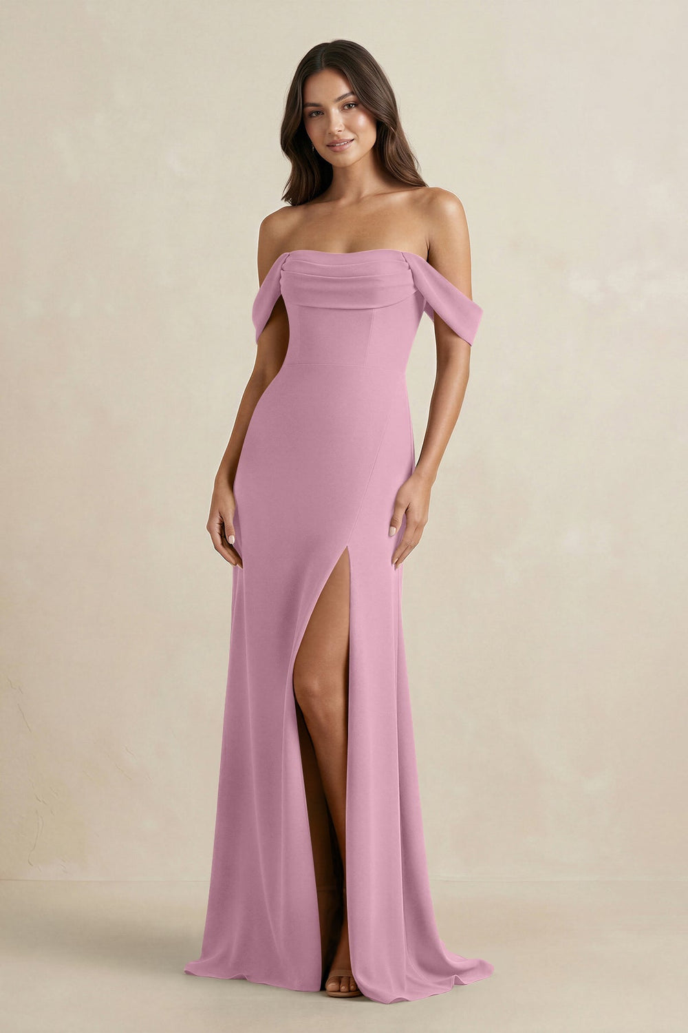 Off - the - Shoulder Sheath Bridesmaid Dress with Slit in Vintage Mauve - KissProm Bridesmaid Dresses