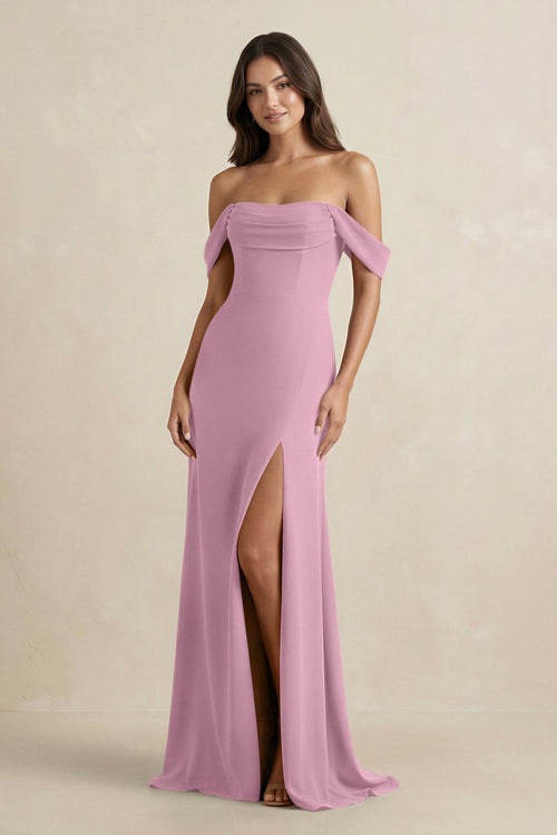 Off - the - Shoulder Sheath Bridesmaid Dress with Slit in Vintage Mauve - KissProm Bridesmaid Dresses