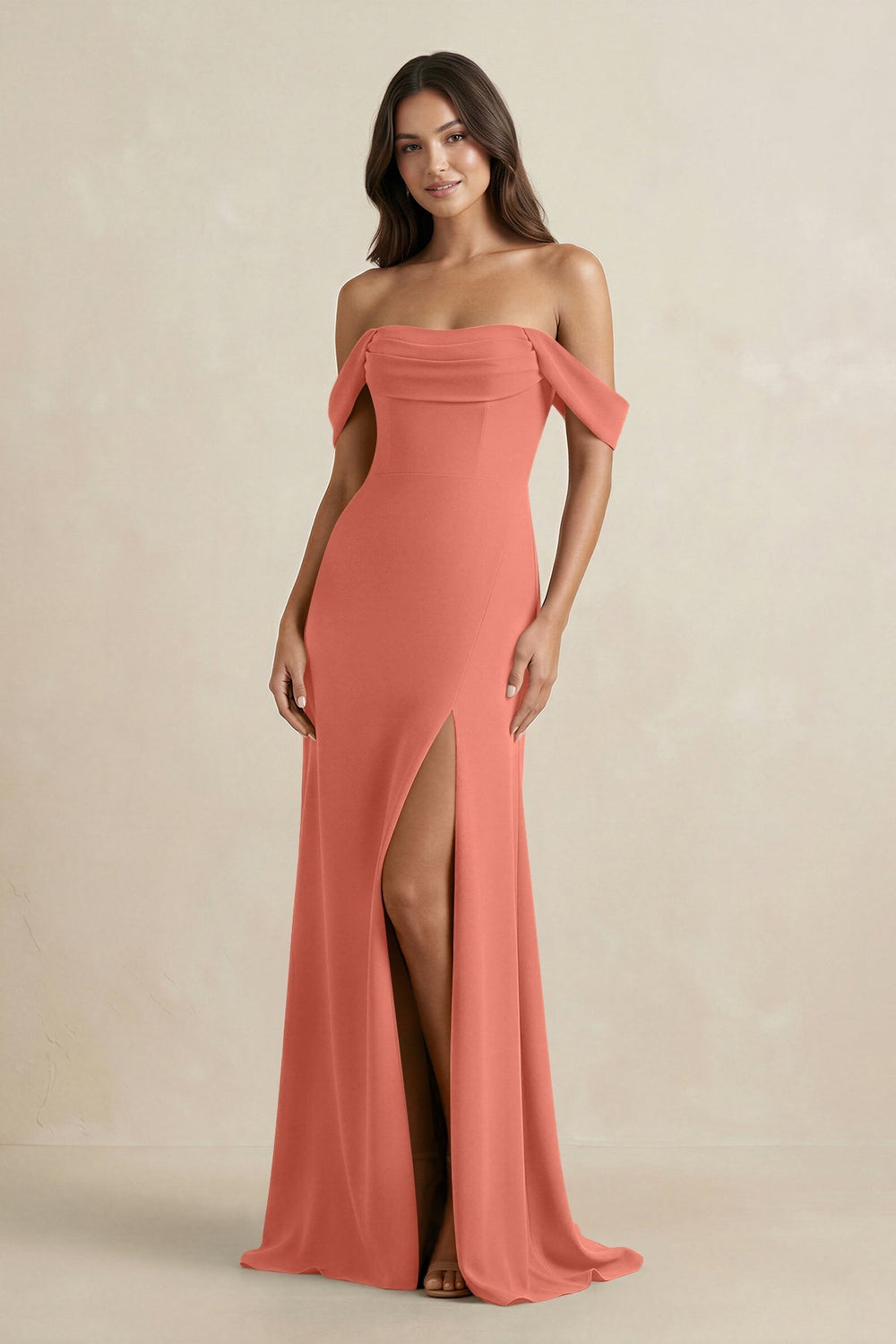 Off - the - Shoulder Sheath Bridesmaid Dress with Slit in Wild Rose - KissProm Bridesmaid Dresses