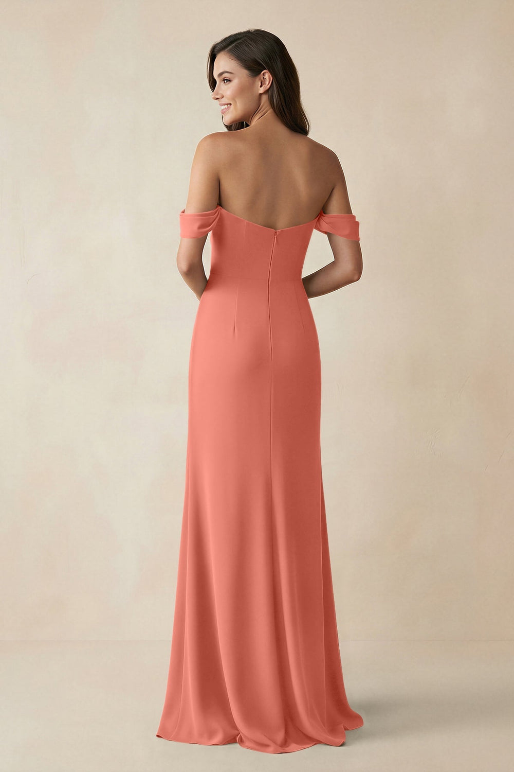 Off - the - Shoulder Sheath Bridesmaid Dress with Slit in Wild Rose - KissProm Bridesmaid Dresses