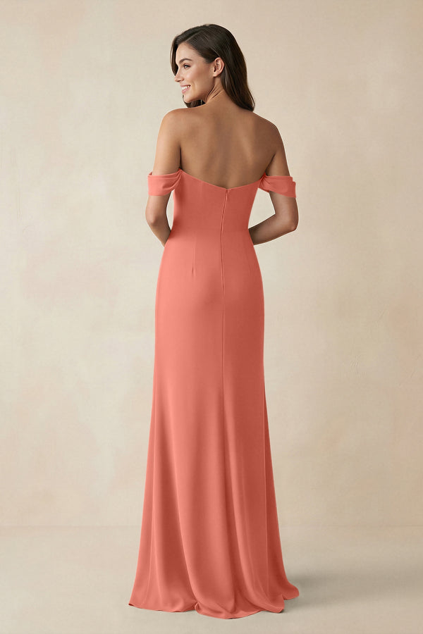 Off - the - Shoulder Sheath Bridesmaid Dress with Slit in Wild Rose - KissProm Bridesmaid Dresses