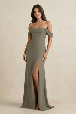Off - the - Shoulder Sheath Bridesmaid Dress with Slit in Willow Green - KissProm Bridesmaid Dresses