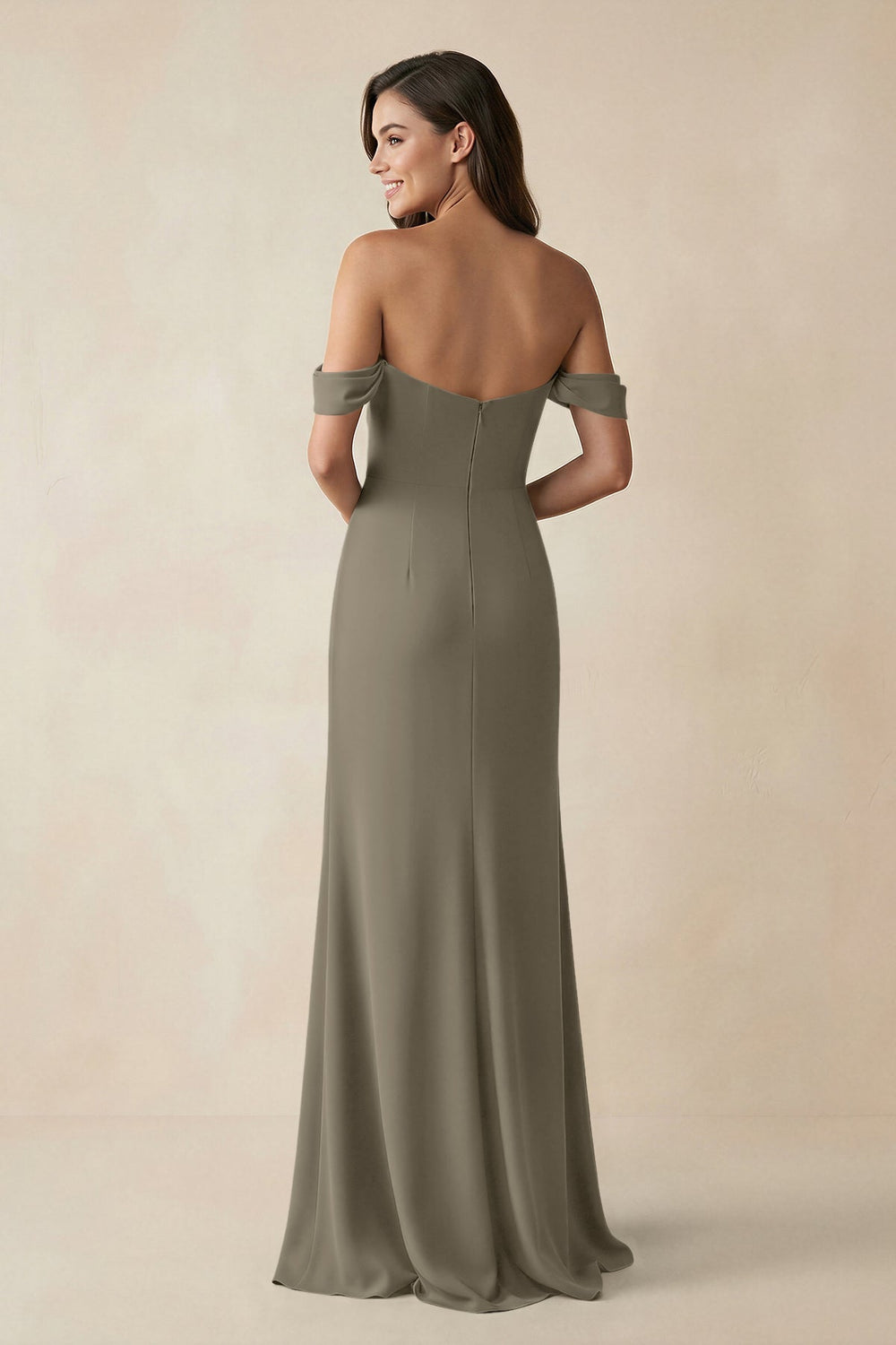 Off - the - Shoulder Sheath Bridesmaid Dress with Slit in Willow Green - KissProm Bridesmaid Dresses