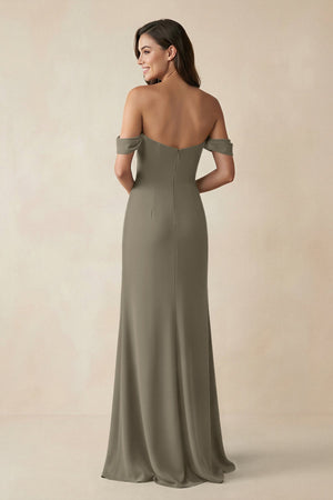 Off - the - Shoulder Sheath Bridesmaid Dress with Slit in Willow Green - KissProm Bridesmaid Dresses