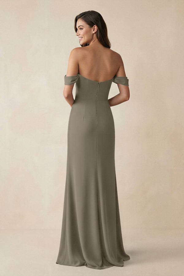 Off - the - Shoulder Sheath Bridesmaid Dress with Slit in Willow Green - KissProm Bridesmaid Dresses