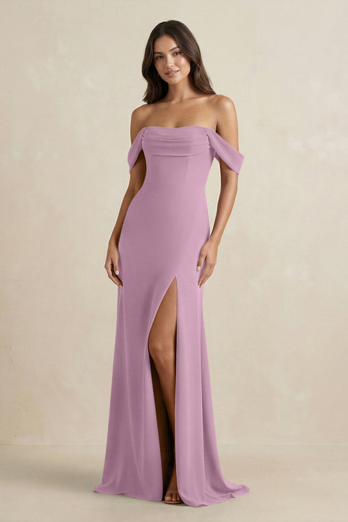 Off - the - Shoulder Sheath Bridesmaid Dress with Slit in Wisteria - KissProm Bridesmaid Dresses
