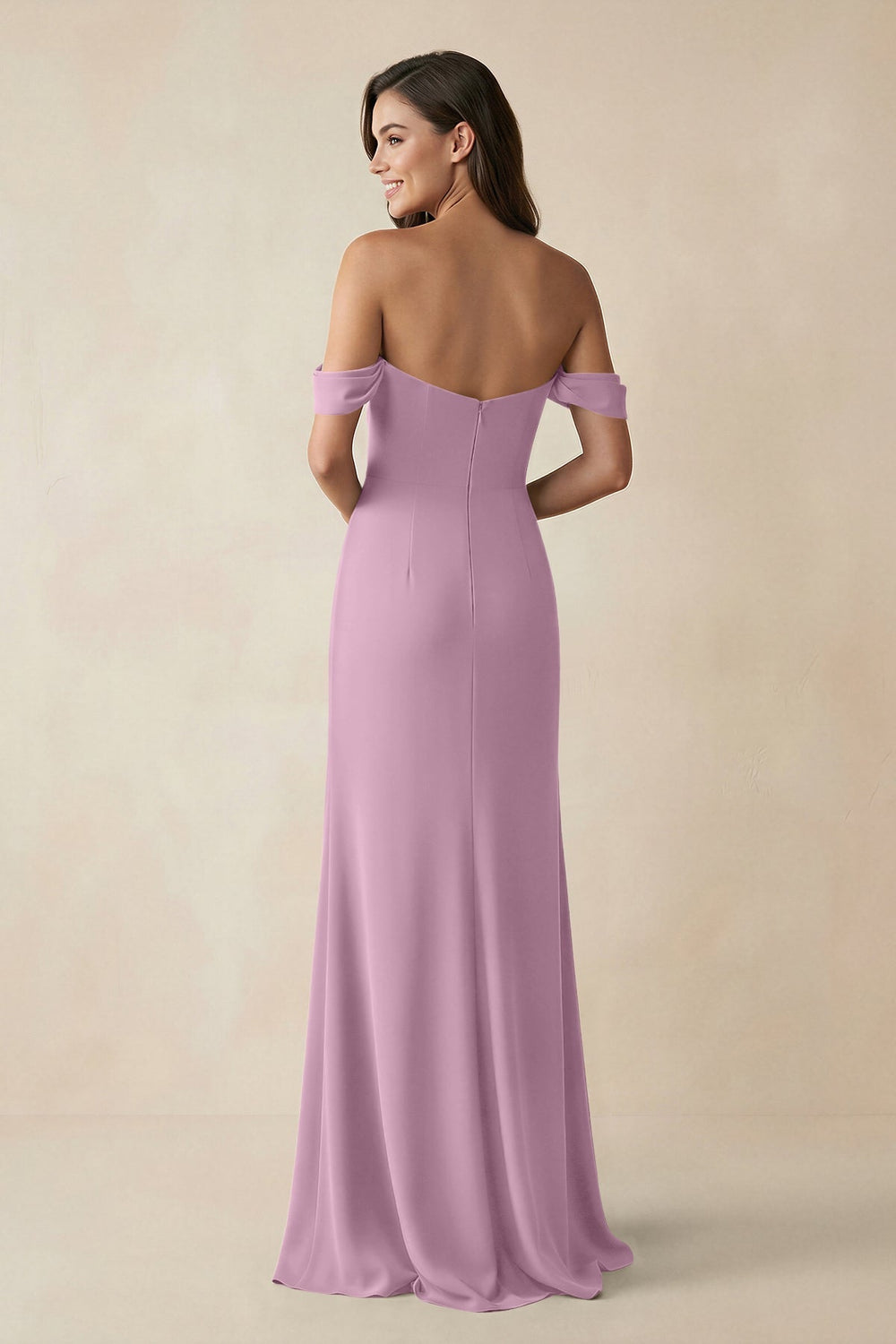 Off - the - Shoulder Sheath Bridesmaid Dress with Slit in Wisteria - KissProm Bridesmaid Dresses