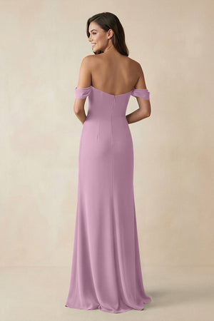 Off - the - Shoulder Sheath Bridesmaid Dress with Slit in Wisteria - KissProm Bridesmaid Dresses