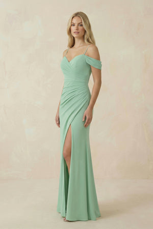 Off - the - Shoulder Sheath Chiffon Ruched Bridesmaid Dress - KissProm Bridesmaid Dresses
