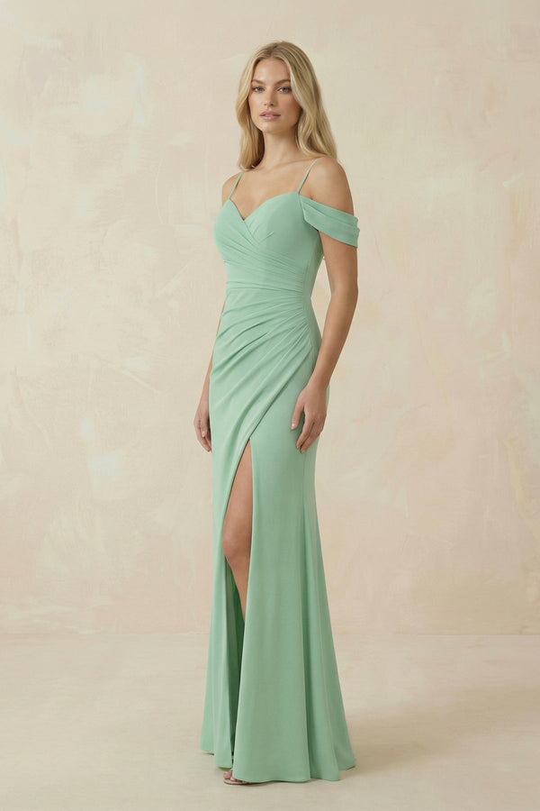 Off - the - Shoulder Sheath Chiffon Ruched Bridesmaid Dress - KissProm Bridesmaid Dresses