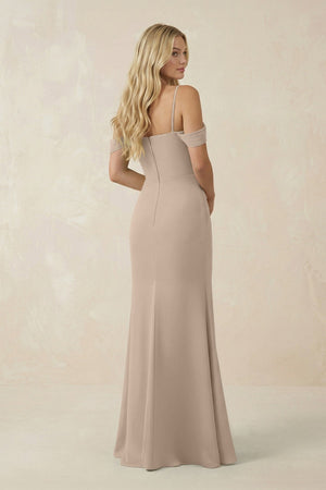 Off - the - Shoulder Sheath Chiffon Ruched Bridesmaid Dress in Almond - KissProm Bridesmaid Dresses