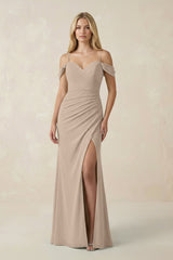 Off - the - Shoulder Sheath Chiffon Ruched Bridesmaid Dress in Almond - KissProm Bridesmaid Dresses