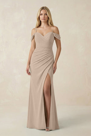Off - the - Shoulder Sheath Chiffon Ruched Bridesmaid Dress in Almond - KissProm Bridesmaid Dresses