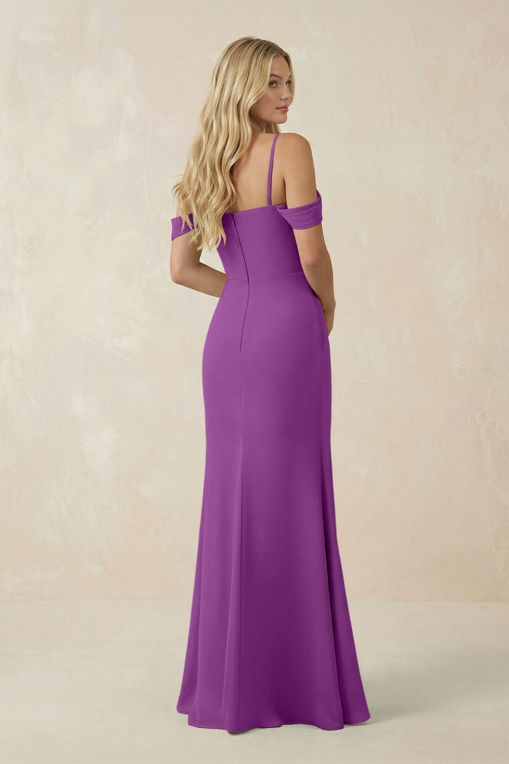 Off - the - Shoulder Sheath Chiffon Ruched Bridesmaid Dress in Amethyst - KissProm Bridesmaid Dresses