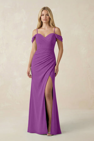 Off - the - Shoulder Sheath Chiffon Ruched Bridesmaid Dress in Amethyst - KissProm Bridesmaid Dresses