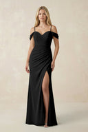 Off - the - Shoulder Sheath Chiffon Ruched Bridesmaid Dress in Black - KissProm Bridesmaid Dresses