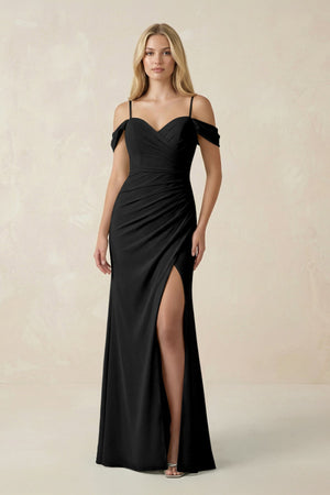 Off - the - Shoulder Sheath Chiffon Ruched Bridesmaid Dress in Black - KissProm Bridesmaid Dresses