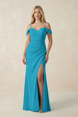 Off - the - Shoulder Sheath Chiffon Ruched Bridesmaid Dress in Blue Jay - KissProm Bridesmaid Dresses