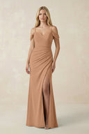 Off - the - Shoulder Sheath Chiffon Ruched Bridesmaid Dress in Bronzer - KissProm Bridesmaid Dresses