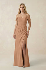 Off - the - Shoulder Sheath Chiffon Ruched Bridesmaid Dress in Bronzer - KissProm Bridesmaid Dresses