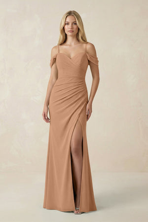 Off - the - Shoulder Sheath Chiffon Ruched Bridesmaid Dress in Bronzer - KissProm Bridesmaid Dresses