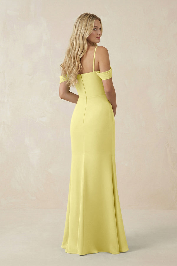 Off - the - Shoulder Sheath Chiffon Ruched Bridesmaid Dress in Buttercup - KissProm Bridesmaid Dresses