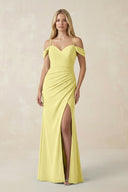 Off - the - Shoulder Sheath Chiffon Ruched Bridesmaid Dress in Buttercup - KissProm Bridesmaid Dresses