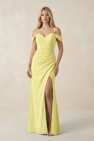 Off - the - Shoulder Sheath Chiffon Ruched Bridesmaid Dress in Buttercup - KissProm Bridesmaid Dresses