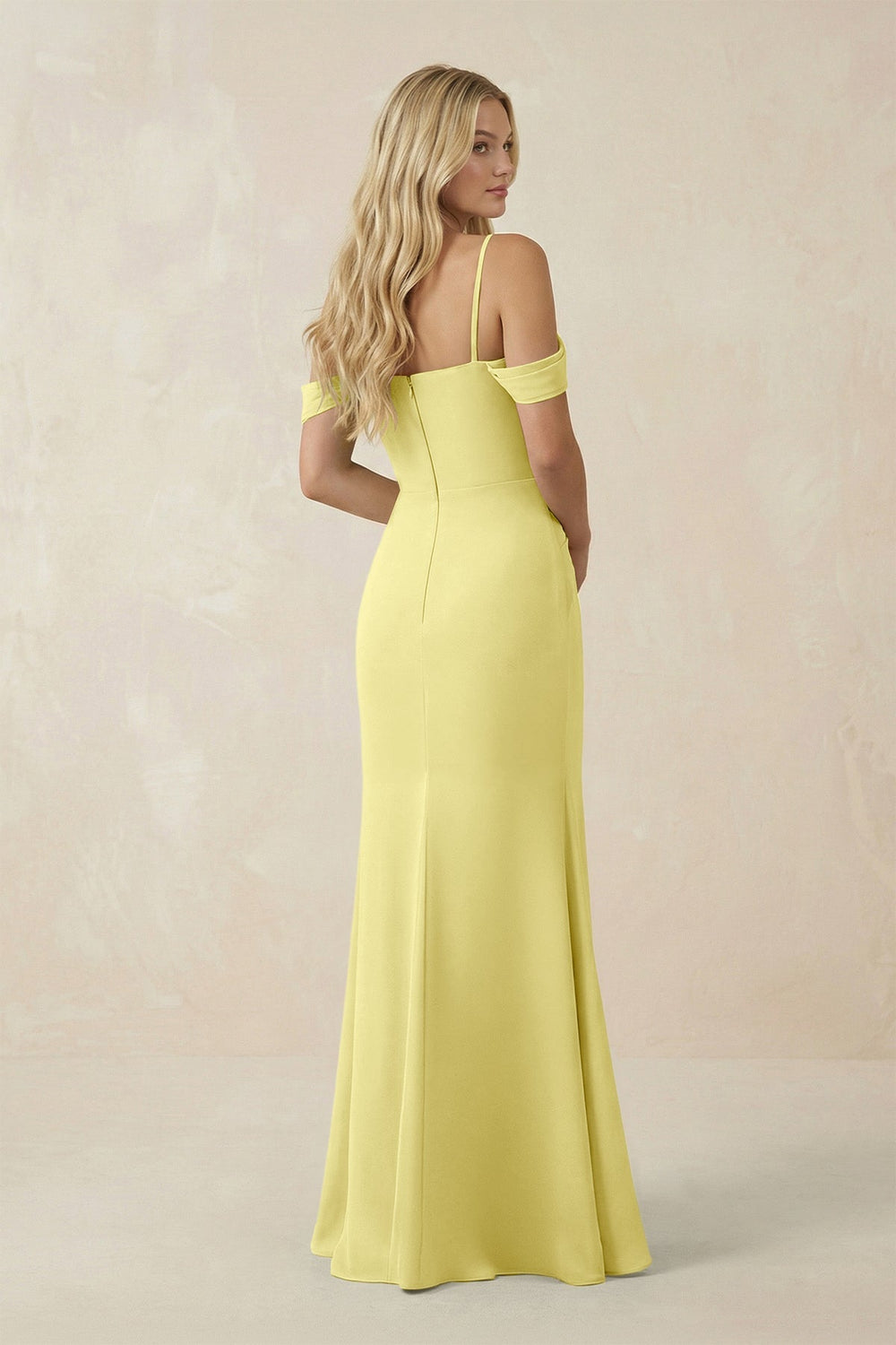 Off - the - Shoulder Sheath Chiffon Ruched Bridesmaid Dress in Buttercup - KissProm Bridesmaid Dresses