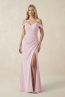 Off - the - Shoulder Sheath Chiffon Ruched Bridesmaid Dress in Candy Pink - KissProm Bridesmaid Dresses