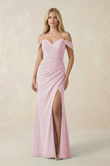 Off - the - Shoulder Sheath Chiffon Ruched Bridesmaid Dress in Candy Pink - KissProm Bridesmaid Dresses