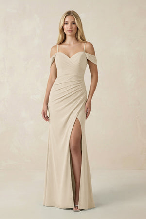 Off - the - Shoulder Sheath Chiffon Ruched Bridesmaid Dress in Champagne - KissProm Bridesmaid Dresses