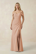 Off - the - Shoulder Sheath Chiffon Ruched Bridesmaid Dress in Champagne Rose - KissProm Bridesmaid Dresses