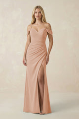 Off - the - Shoulder Sheath Chiffon Ruched Bridesmaid Dress in Champagne Rose - KissProm Bridesmaid Dresses
