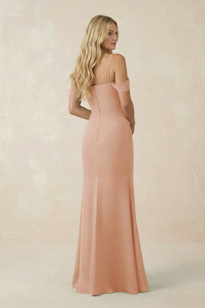 Off - the - Shoulder Sheath Chiffon Ruched Bridesmaid Dress in Champagne Rose - KissProm Bridesmaid Dresses