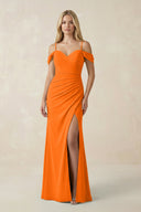Off - the - Shoulder Sheath Chiffon Ruched Bridesmaid Dress in Cinnamon - KissProm Bridesmaid Dresses