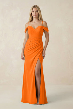 Off - the - Shoulder Sheath Chiffon Ruched Bridesmaid Dress in Cinnamon - KissProm Bridesmaid Dresses