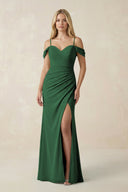 Off - the - Shoulder Sheath Chiffon Ruched Bridesmaid Dress in Dark Green - KissProm Bridesmaid Dresses