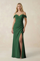 Off - the - Shoulder Sheath Chiffon Ruched Bridesmaid Dress in Dark Green - KissProm Bridesmaid Dresses