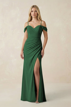 Off - the - Shoulder Sheath Chiffon Ruched Bridesmaid Dress in Dark Green - KissProm Bridesmaid Dresses