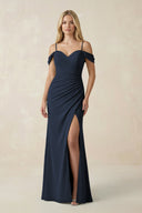 Off - the - Shoulder Sheath Chiffon Ruched Bridesmaid Dress in Dark Navy - KissProm Bridesmaid Dresses