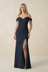 Off - the - Shoulder Sheath Chiffon Ruched Bridesmaid Dress in Dark Navy - KissProm Bridesmaid Dresses