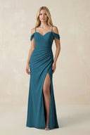 Off - the - Shoulder Sheath Chiffon Ruched Bridesmaid Dress in Dark Teal - KissProm Bridesmaid Dresses