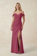 Off - the - Shoulder Sheath Chiffon Ruched Bridesmaid Dress in Desert Rose - KissProm Bridesmaid Dresses