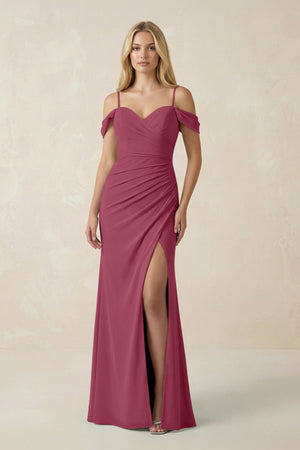 Off - the - Shoulder Sheath Chiffon Ruched Bridesmaid Dress in Desert Rose - KissProm Bridesmaid Dresses
